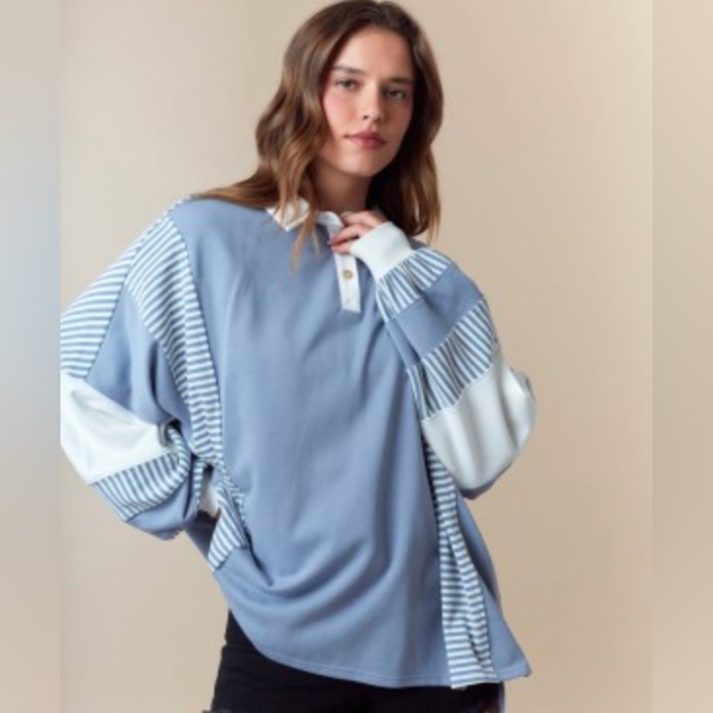 Fantastic Fawn Blue and White Striped Rugby Pullover